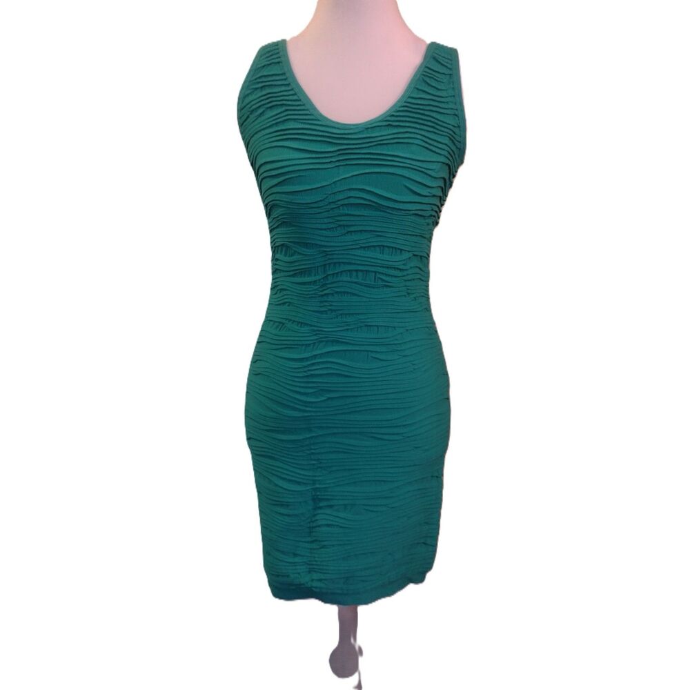 Poof Excellence Teal Green Textured Ruched Bodycon Dress Sz M/L Scoop Neck Y2K